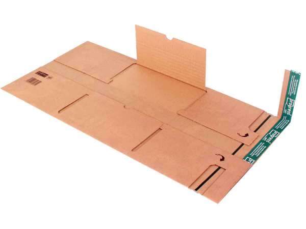 Buchverpackung progress PREMIUM mit zentraler Packgutaufnahme und seitlichen Schutzlaschen 463x330x-85 mm